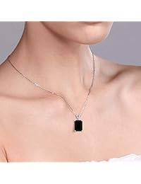 Plata de ley Esmeralda Cut Genuine Black Onyx & Diamond Colgante Collar (7,38 quilates, con cadena de plata 18 inch), color blanco