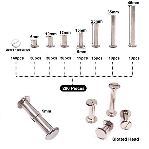 Seloky 140-Set Slotted Chicago Screw Binding Screws Posts Assortment Kit for Scrapbook Photo Albums Binding and Leather Saddles Purses Belt Repairï¼ˆM5 x 6/10/12/15/25/35/45ï¼‰