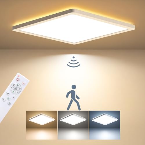 BLNAN LED Deckenleuchte mit Bewegungsmelder Radar, 24W Deckenlampe Flach mit Fernbedienung, Panel Bewegungssensor, Warm Neutral Kalt Weiß für Bad, Flur, Treppe,