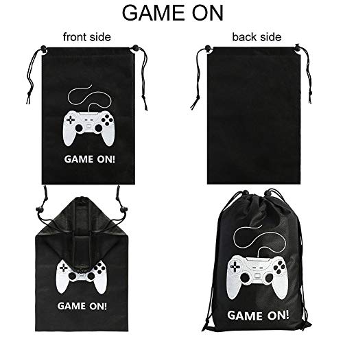 AhlsenL 24 Pack Video Game Bags Black Gaming Party Bags Pattern White Gamepad Two Drawstring with Button Non-Woven Fabrics for Kids Birthday Party