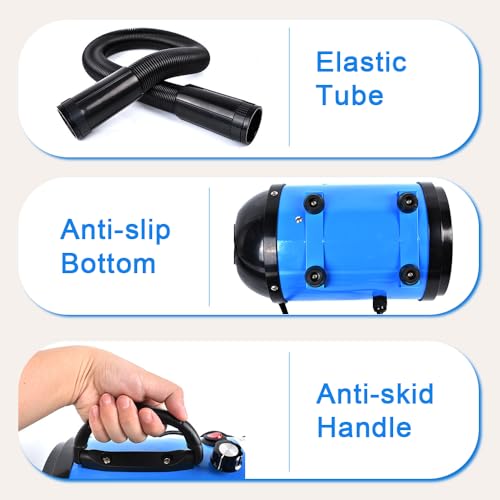 Gluckluz Pet Hair Dryer Blower Blowing Machine Hair Drying for Dog Cat Grooming Fur Blaster High Velocity Powerful Hairdryer with 3 Nozzles (Blue)