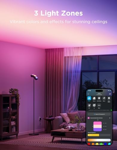 Candeeiro de pé LED Torchiere, candeeiro RGBWWIC com controlo de 3 zonas, compatível com Matter Alexa, 77 cenas e sincronização musical, candeeiro preto de 170 cm para sala, quarto e teto
