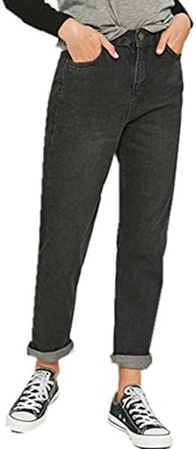 Women's Worn Distressed Loose Solid Tapered-leg Denim Mom Jeans Black M