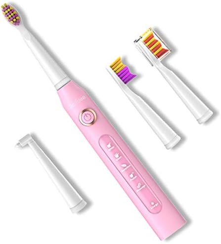 5 Modes Teeth Whitening Electric Toothbrush Sonic Toothbrush with 3 heads and 1 Interdental head, Travel USB Rechargeable toothbrushes with Smart Timer, Waterproof Pink for Girls by Gloridea