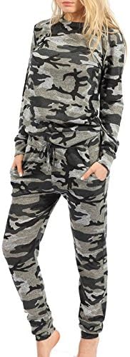 Womens Ladies Grey Camouflage Long Sleeves Round Neck 2 Piece Army Jogging Tracksuit Top 8-26