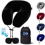 Everlasting Comfort Travel Pillow - 100% Pure Memory Foam Neck Pillow - Includes Eye Mask and Earplugs (Black)