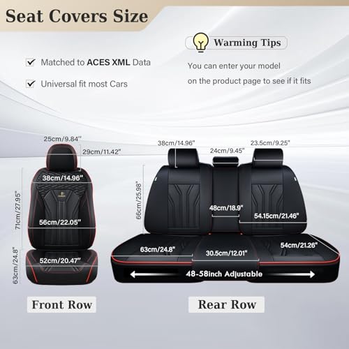 FLORICH Car Seat Covers Faux Leather Front and Rear Seat Covers 5 Pieces Full Set Universal Fit Most Cars, Sedans, SUVs and Trucks, Black & Red Line