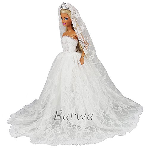 Barwa White Wedding Dress with Veil and Pink Princess Evening Party Clothes Wears Gown Dress Outfit with Hat for Barbie Doll