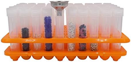 Seed Bead Storage Rack – Plastic Test Tubes for Beads – 50 Screw Top Storage Tubes with Funnel for Pouring Beads – Great for Beading Crafts – See and Find Beads Easily!