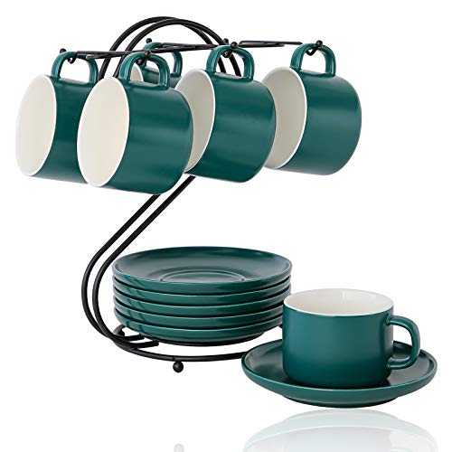 Porcelain Coffee Cups(7.5oz) with Saucers & Metal Stand, Candiicap Coffee Cups Set for Cappuccino, Latte, Expresso, Americano, Tea (7.5oz,Matte Green)