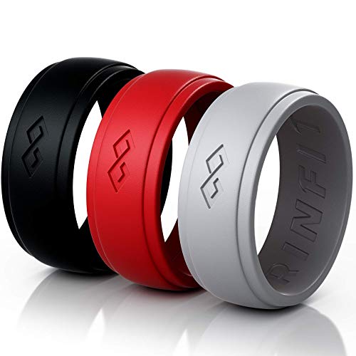 Rinfit Silicone Wedding Ring for Men - 3 Rings Set Designed, Safe, Soft Rubber, Silicone Men's Wedding Band. (7, Black, Red, Gray)
