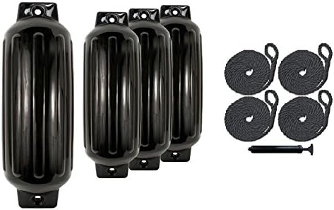 Marine and Rv Direct 4 Boat Fenders 8.5โ X 27โ Vinyl Ribbed Bumper Dock Shield Protection Includes 7 Foot Long 3/8s Braided Fender Lines & Pump to Inflate