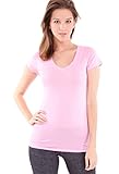 Ladies Prism Pink Plain Short Sleeve T-Shirt Round V-Neck Cotton Spandex