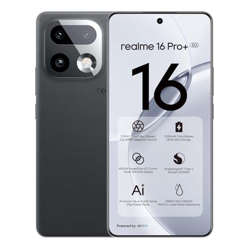 realme 16 Pro+ 5G Smartphone 12GB + 512GB, LumaColor 200MP + 50MP Camera, Snapdragon® 7 Gen 4 Unlocked Mobile Phones, 7000mAh Battery with 80W Fast Charge, 6.8" 144Hz AMOLED Screen, Grey