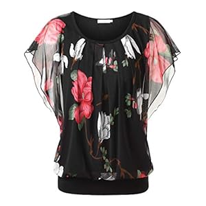 BAISHENGGT Women’s Printed Flouncing Flared Short Sleeve Mesh Blouse Top