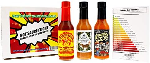 Hot Sauce Flight Gift Set - The Ultimate Set of the Best Hot Sauces. Take the Hot Sauce Challenge! Dirty Dick's 5oz, Queen Majesty Scotch Bonnet & Ginger 5oz, and Torchbearer Sauce 5oz