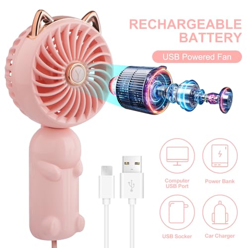 Portable Handheld Fan, Mini USB Hand Fan with Rechargeable Battery and 3 Speeds, Cute Personal Small Electric Fan for Girls/Women/Kids, Pocket Fan Foldable Standing, Summer Holiday Travel Essentials