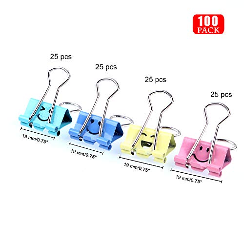 Binder Clips, Limque Paper Clips,Paper Clamps with Colored Cute Hollow Smiling Face,100 Pcs 0.75 inch/19mm Size Clips, for Office,Teacher Gifts and Kitchenï¼ŒSmall/Mini