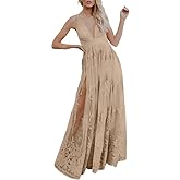 Dokotoo Womens Formal Dresses Deep V-Neck Embroidered Lace Mesh Evening Party Prom Dress Long Wedding Dress