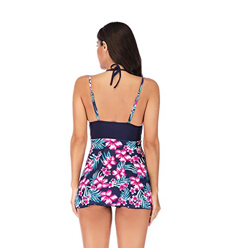 Forthery-Women Tankini Swimwear Plus Size Print Padded Slimming Skirt Swimwear Halter Patchwork Upper Body Swimsuit(Pink,XXXXX-Large)