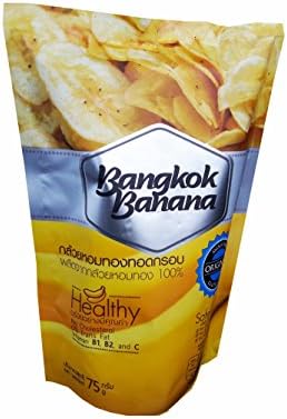 3 packs of Bangkok Banana, Crispy Homthong Banana Chips, Healthy and Delicious fruit Snack. No Cholesterol, 0% Trans Fat, No Preservatives, No Artificial Flavors, Gluten Free. (75 g/ pack)