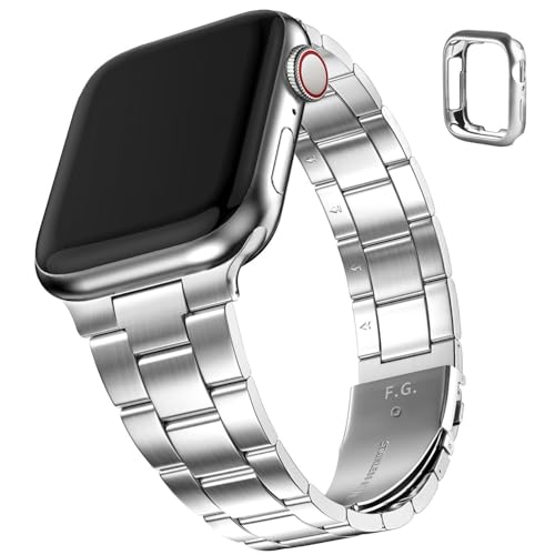 Fullmosa No Tools Needed Compatible with Apple Watch Bands for Women Men 45mm 44mm 42mm, Metal Strap with Case for iWatch Series 9 8 7 6 5 4 3 2 1 SE3/2/1, Silver