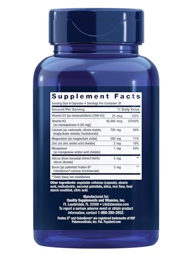 Life Extension Bone Restore Elite Calcium Supplement with Super Potent K2, Calcium, Vitamin D3, Magnesium, Boron, zinc, Vitamin K2, for Bone Health, Gluten-Free, Non-GMO, 120 Capsules