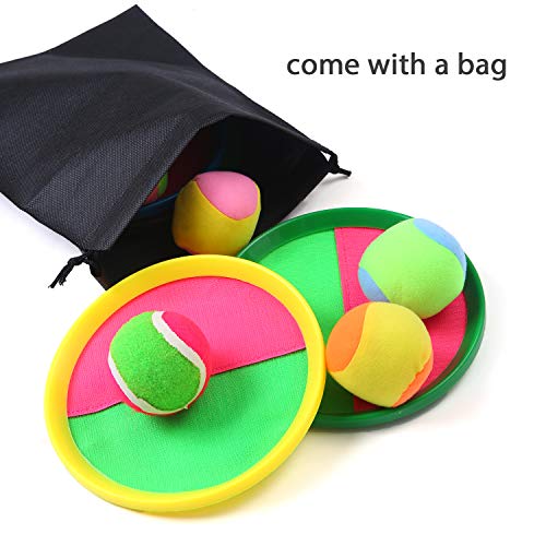 Elcoho Toss and Catch Ball Set Paddle Catch Ball and Toss Game 4 Hook and Loop Adjustable Self-Stick Paddles 6 Balls with Storage Bag for Outdoor Activities (4 Colors)