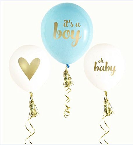 "It's A Boy" Baby Shower Balloon Kit Includes 3 Balloons (16-inch), 3 Tassels, and Ribbon (15 feet) for Baby Shower, Gender Reveal, New Baby Birth Announcement Party White Blue and Gold SticFigs