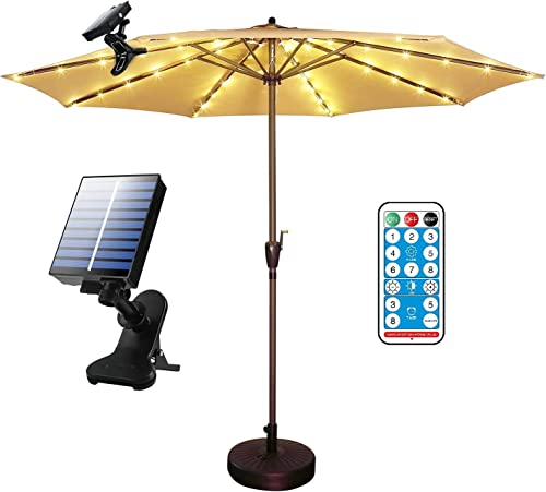 Solar Patio Umbrella Lights Parasol String Light with Clip Clamp Remote Control Solar Powered Waterproof for 7-10foot Umbrella Outdoor Lighting Beach Deck Garden Party Decoration (2 Pack)