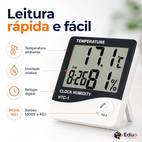 Termômetro Higrômetro Digital HTC-1 — Medidor de Temperatura e Umidade com Relógio, Alarme e Memória Máx/Mín | Display LCD Grande para Casa, Escritório, Quarto de Bebê e Estufa