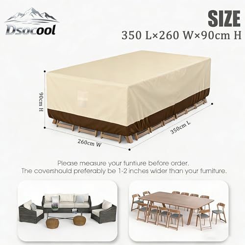 Dsocool 600D Patio Furniture Covers, 100% Waterproof Patio Table Cover, Heavy Duty Oxford Cloth Outdoor Table Cover, with Handles, Vents and Buckles, UV-Resistant (350×260×90cm)