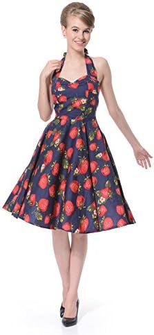 FiftiesChic Halter Neck 100% Cotton Polka Dot Floral 50s Vintage Rockabilly Swing Dress (L (US6-8), Royal Blue Strawberries)