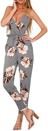 Glamaker Women's Strap V Neck Floral Jumpsuit Backless with Long Pants Gray