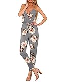 Glamaker Women's Strap V Neck Floral Jumpsuit Backless with Long Pants Gray