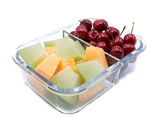 Glass Meal Prep Food Storage Containers – 2 Compartment Container Set - Stackable, BPA Free, Microwavable, Portion Control Container for Hot or Frozen Food with Snap Lock Design - 1 Pack, Medium