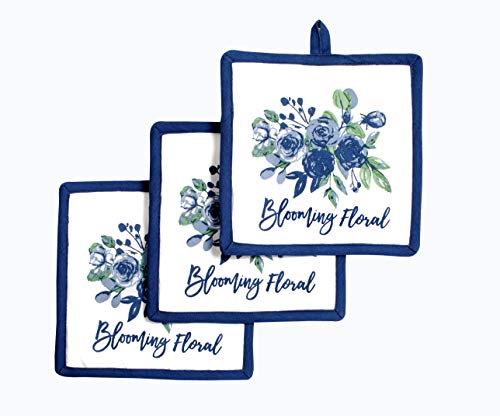 AMOUR INFINI Set of 3 Pot Holders Blooming Floral | 20 x 20 cm |100% Cotton Machine Washable & Durable Hot pads with Hanging Loop | Quilted Liner for Heat Resistance