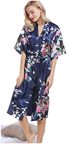 Woman's Kimono Robe,Navy Blue 8'-10' Printing Peacock Short Sleeve Silk