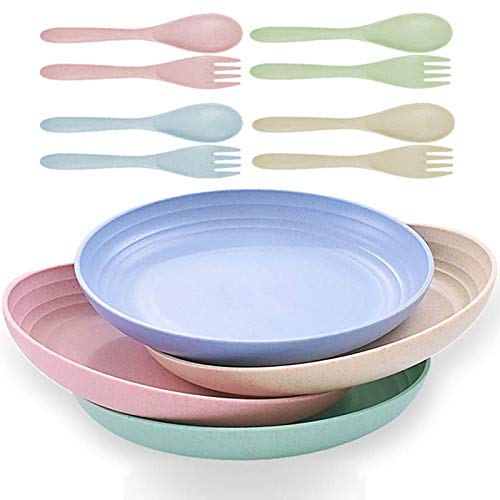 Saike 7.8\'\' 4Pack Wheat Straw Plates Reusable, Microwave and Dishwasher Safe Unbreakable Dinner Plates, Lightweight Snack Plates with Forks and Spoons