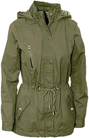 Miss London Ladies Juniors Womans Cotton Long Lightweight Anorak Jacket with Hood &amp; Drawstring Coat - Olive (2X)