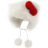 Cute Plush Hat White Cat Ear Bowknot Hat for Women Cartoon Winter Thickened Anti-Freezing Faux Fur Hats with Pom Earflap