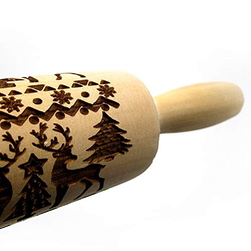 Christmas Wooden Rolling Pin 2 Packs, Embossing Rolling Pins with Engraved Christmas Deer Pattern, Christmas Themed Embossing Rollers, Christmas Symbols for Baking Embossed Cookies - Thumbnail 3