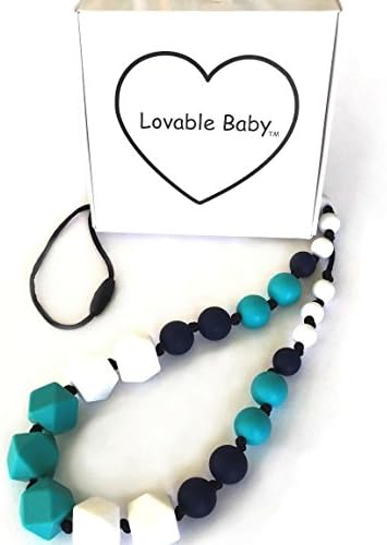 Baby Teething Necklace for Mom, Relieve Teething Pain, Fashion accessory, Silicone Teething Beads, by Lovable Baby, Non-toxic BPA-free beads for baby to chew on, gift boxed, Turquoise White Navy