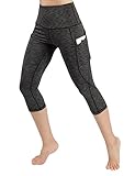 ODODOS High Waist Out Pocket Yoga Capris Pants Tummy Control Workout Running 4 way Stretch Yoga Capris Leggings,SpaceDyeMattBlack,Small