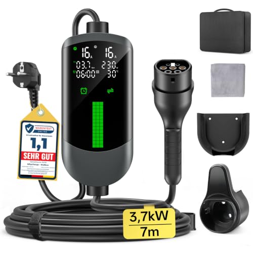 Type 2 Charging Cable Schuko 3.7 kW - 7 m | 6-16 A | 1-Phase Portable Charging Cable Car, Adjustable Charging Power, Setting Start Time, LCD Display, IP65 Waterproof, for All EVs (IEC 62196-2) & PHEVS
