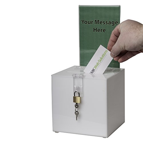 Clear-Ad - Acrylic Donation, Ballot, Raffle or Suggestion Box with Lock and Removable Sign Holder - Plastic Comment or Compaint Container - Plexiglass Multipurpose Box with Slot - White (10x10)