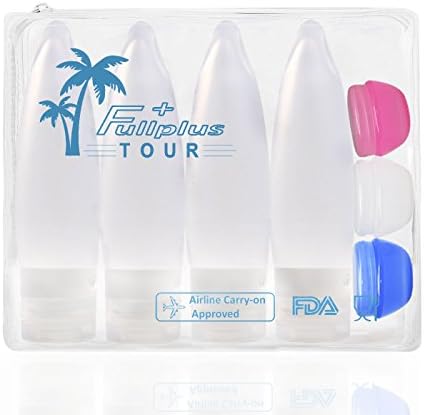 Fullplus Silicone Travel Squeeze Containers Bottle Set 3.3 Oz 4 Pack with 3 Cream Jars TSA Approved Carry On Shampoo Hand Sanitizer Containers in EVA Bag