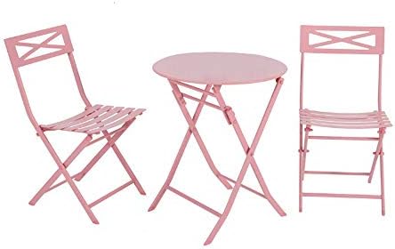 DOVA Pink Bistro Table Chair Garden Dining Set Bundle w/ (TM) Globe String Lights