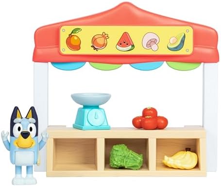 Mini sets de jeu Bluey . Set de jeu Bluey Le stand de marché . Inclus : figurine Bluey articulée, sac de courses, accessoires et billets