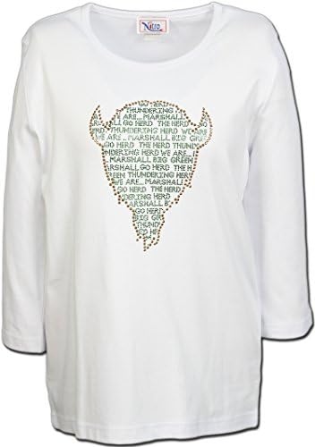 NCAA Marshall Thundering Herd Women's Crew Neck 3/4 Sleeve Top with Rhinestone Ticker Tape Fill Marco, 2X, White
